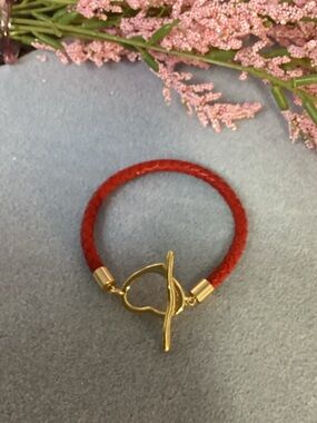 Red Braided Genuine Leather Bracelet with Gold Plated Heart Toggle